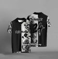 Black loose-fit casual t-shirt with a 3D digital print design on the front.