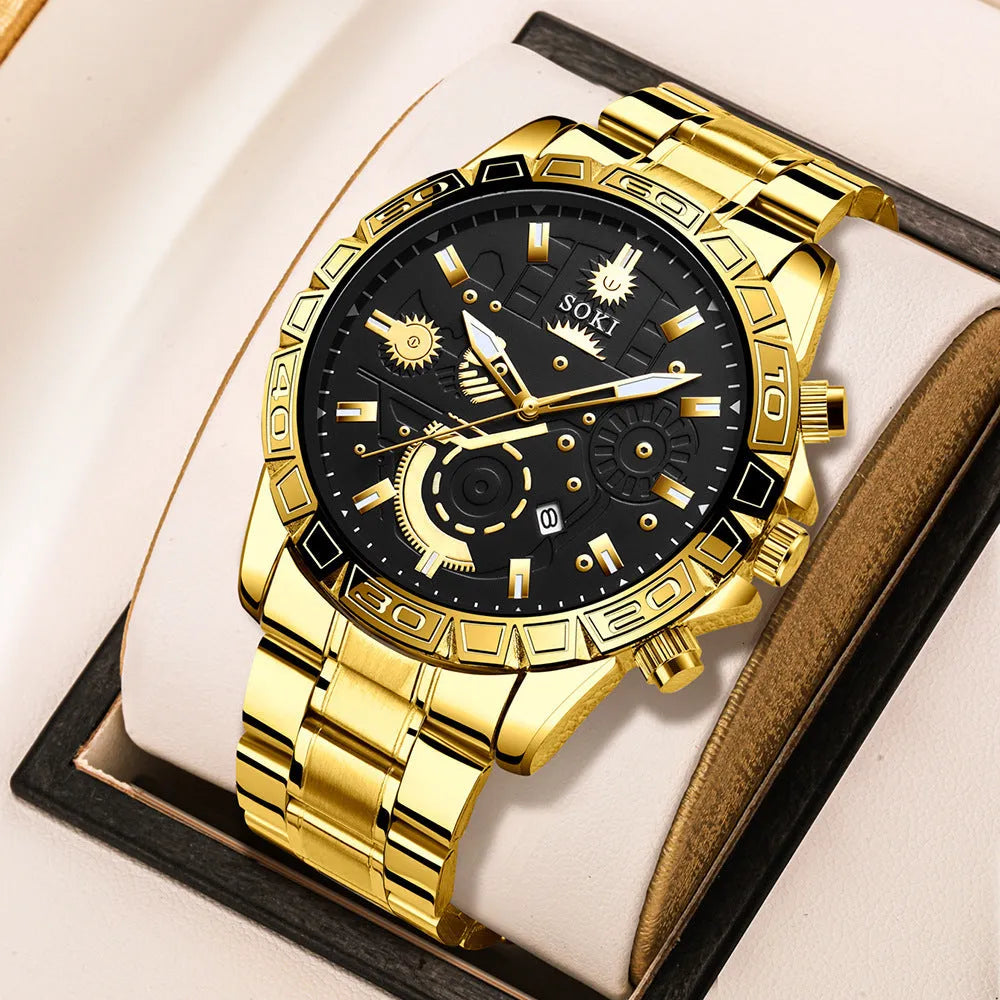 Men's gold stainless steel business quartz watch with calendar on steel bracelet