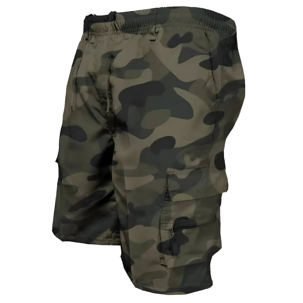 Men's loose fit cotton casual shorts with drawstring waist and multiple pockets in khaki colour