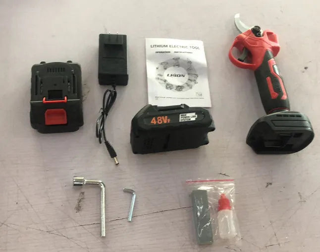 Electric pruning shear with lithium batteries and plastic storage case open showing compartments.