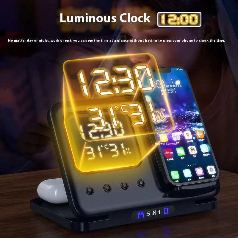 Black and white 15W wireless charging stand with LED digital display showing time, humidity and temperature readings
