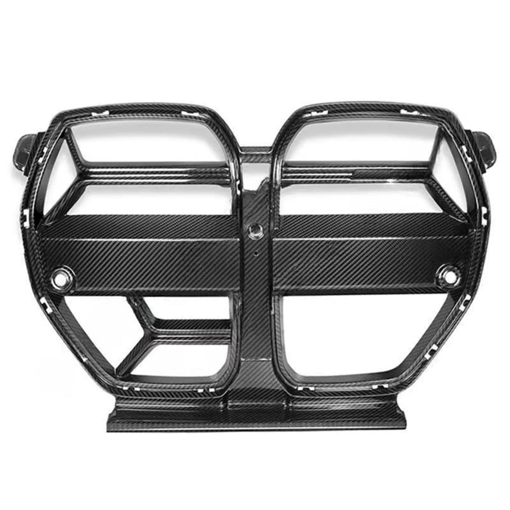 Dry carbon fibre front bumper grille for BMW M3 M4 G80 G82 models in black 3K weave.
