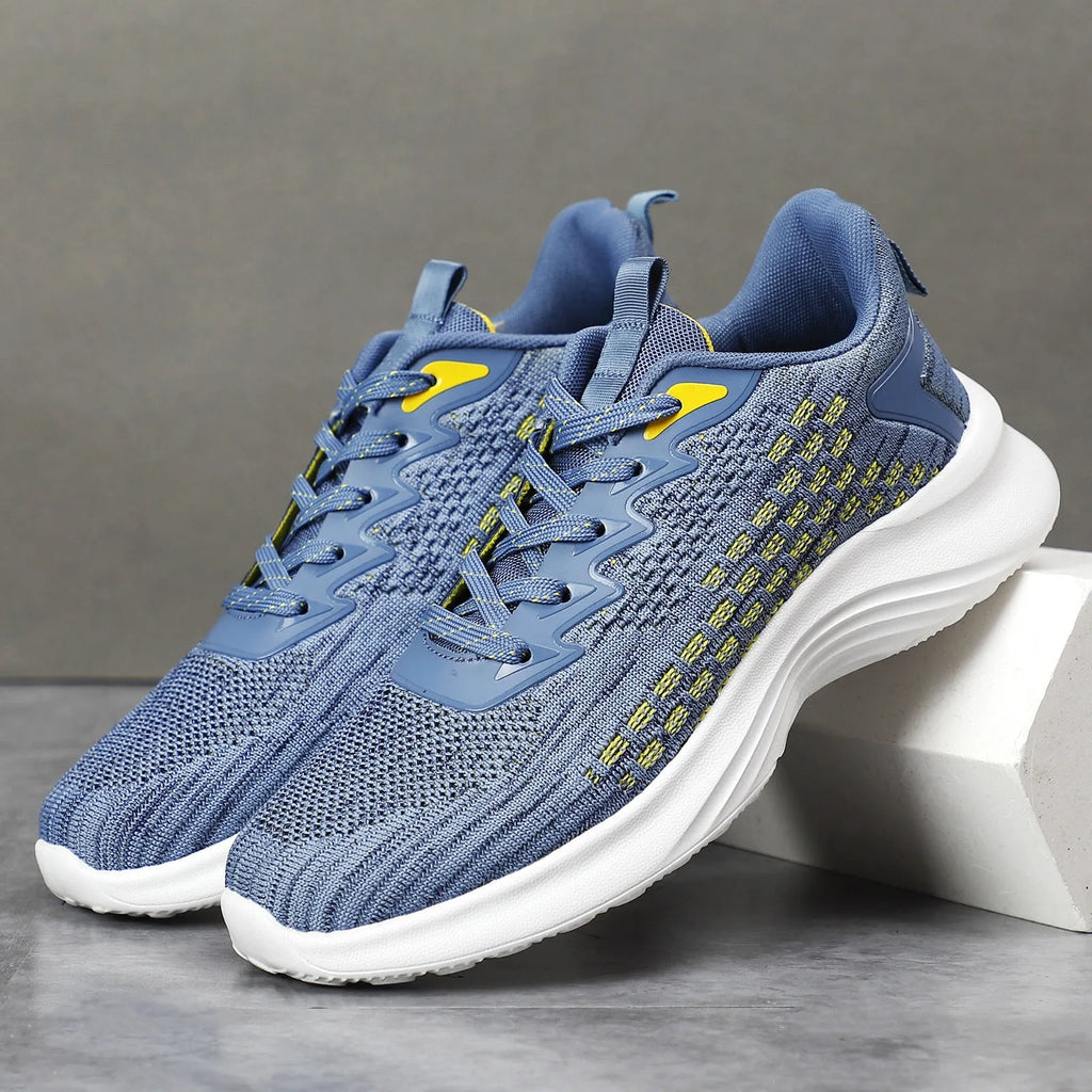 Women's Flyknit running shoes with striped pattern, mesh lining, and wedge heel in Lavender Purple or Royal Blue