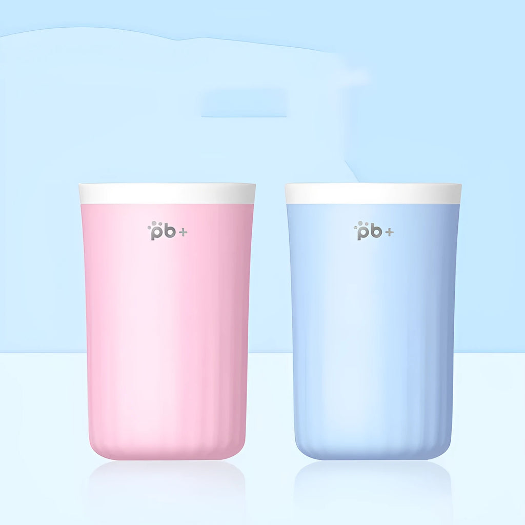 Plastic pet foot washing cup for dogs, shown in small or large and blue or pink options.