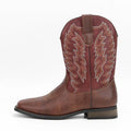 Men's black western-style square toe motorcycle boots with a rubber sole and mid-calf height.