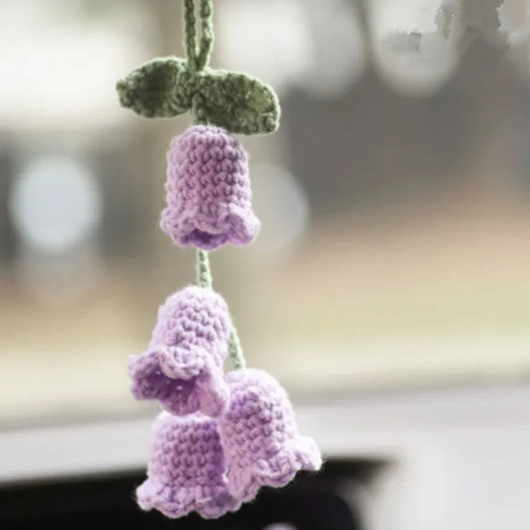 Green and white knitted wool macramé car air plant holder with hanging cord