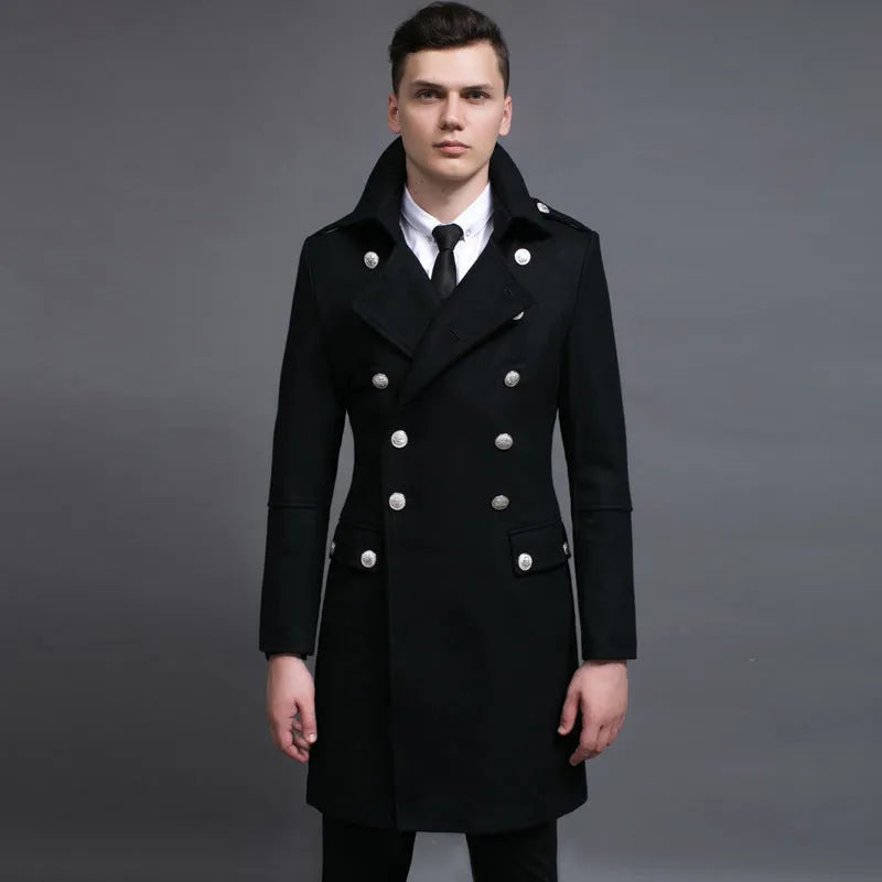 Men's double-breasted flax coat in dark blue, loose fit, retro button decoration, sizes S to 6XL