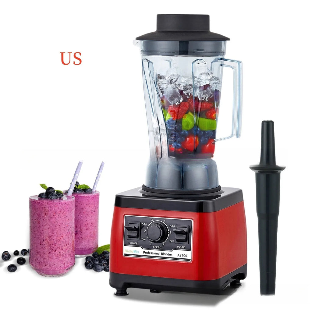 Red commercial blender with industrial design and 2200W motor for professional kitchens