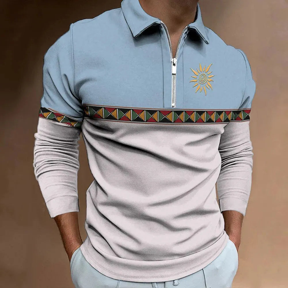 Men's retro colour print golf top with striped pattern and zipper decorations on polyester bird eye cloth