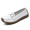 Women's beige casual flat loafers with round toe and slip-on design on a soft sole.