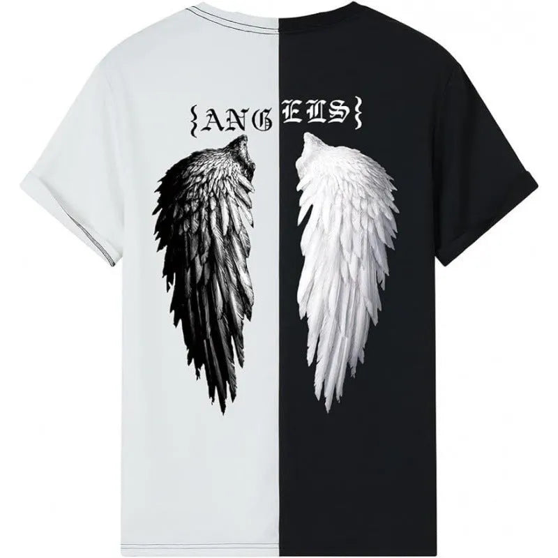Men's printed street-style short-sleeve sports T-shirt on a hanger, showing digital print design.