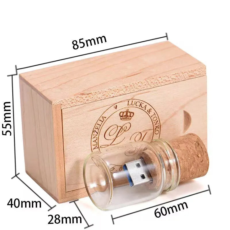 Transparent drift bottle USB flash drive with wooden stopper cap measuring 60mm tall