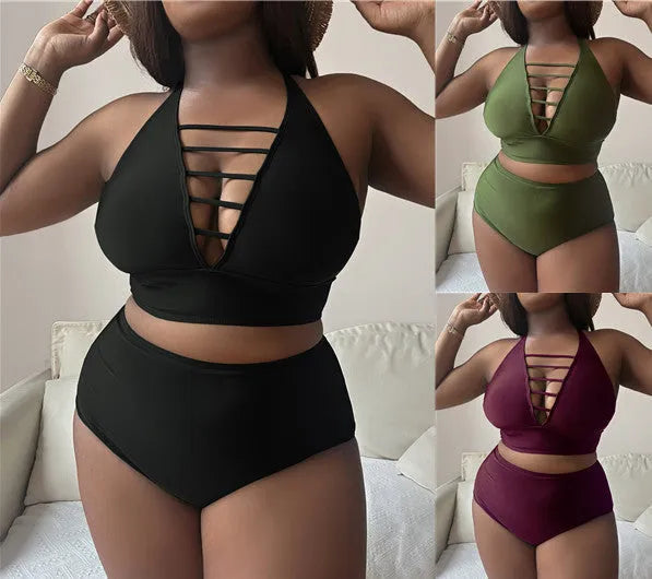 Plus-size woman in a black halter bikini with adjustable cross straps and high-waist briefs.