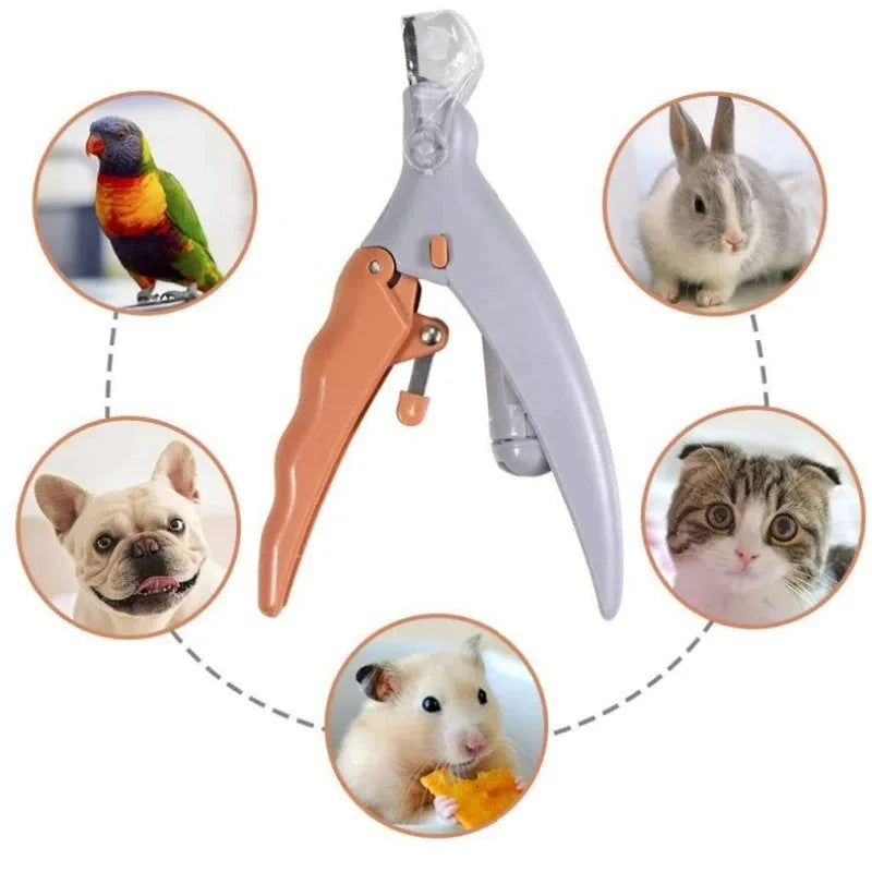 Yellow handled pet nail clippers with built-in LED light and magnifying glass for dog and cat grooming.