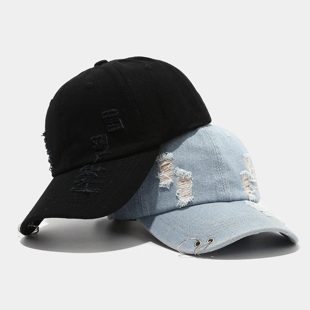 Men's denim peaked cap with dome crown in black, white, and light blue jeans colours showing adjustable strap