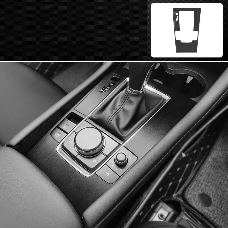 Car interior modification sticker kit for dashboard and centre console customisation with carbon fibre pattern