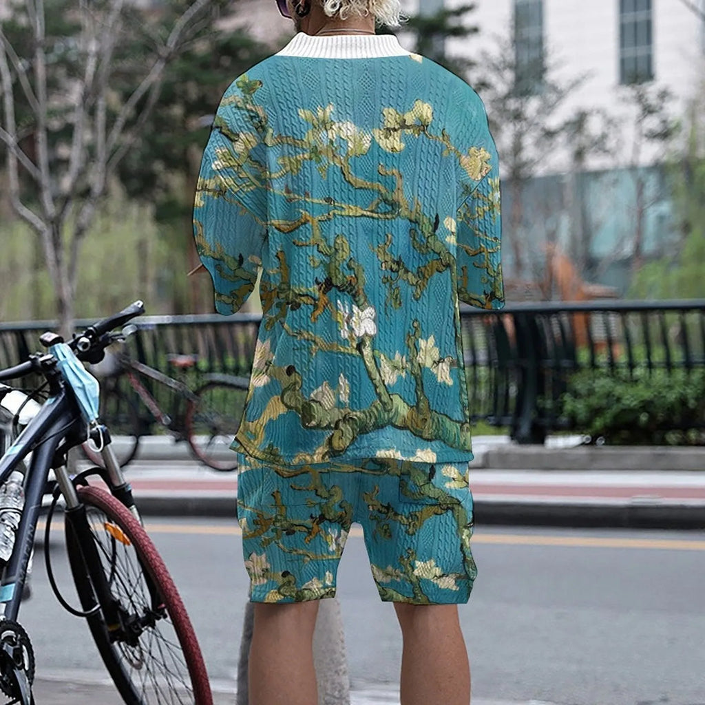 Men's peacock blue knitted shorts and matching T-shirt set laid flat showing complete leisure outfit