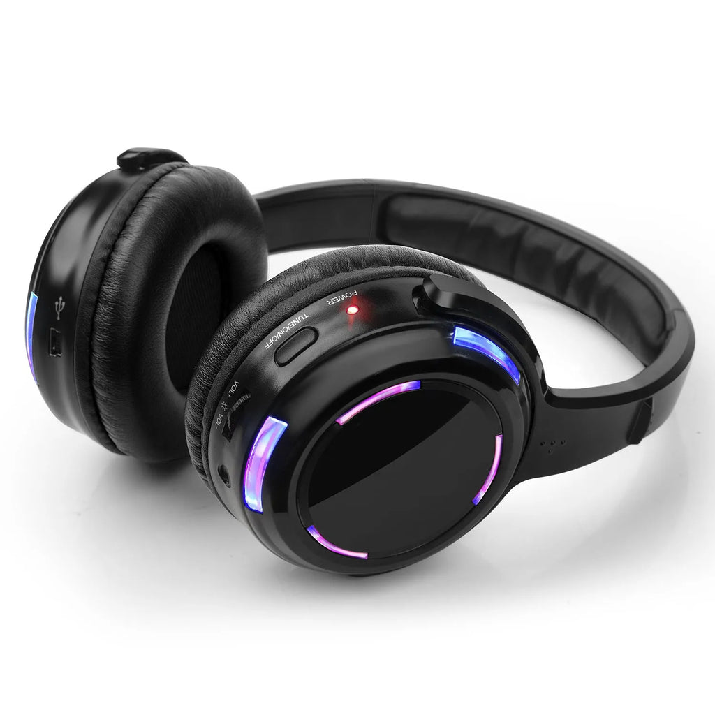 Black silent disco wireless headphones with 40mm speakers and 3.5mm plug for party events