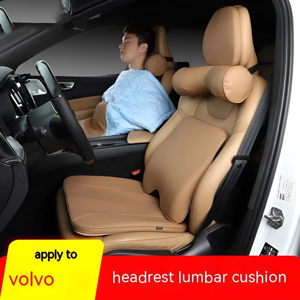 Minimalist brown car headrest with integrated neck pillow and lumbar support cushion.