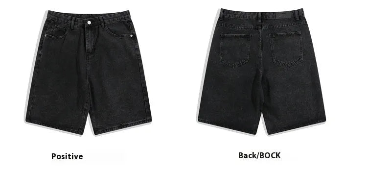 Men's straight-leg denim shorts in light blue, black, white, and gray with mid-waist zip fly design