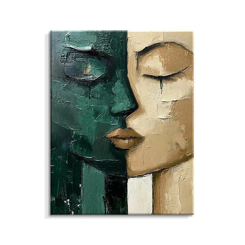 Hand-painted oil painting on canvas, green and beige face, modern vertical one-panel wall art without frame