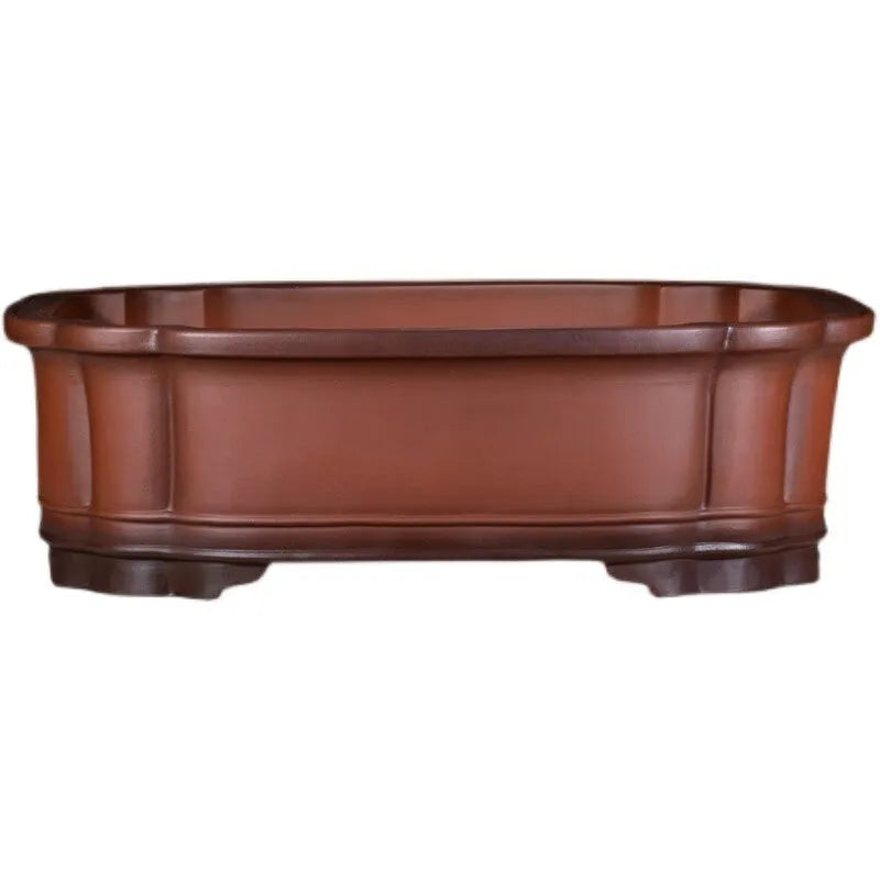 Chinese-style antique finish purple clay oval flowerpot measuring 71cm long by 54cm wide