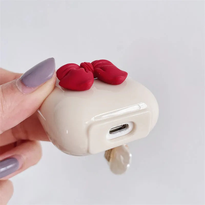 Beige red bow shell silicone protective case for AirPods Pro wireless earphones