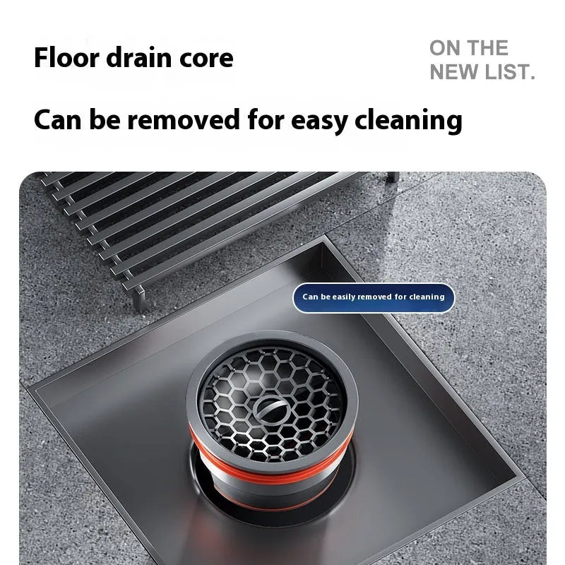 304 stainless steel courtyard deodorant floor drain with gun grey ABS plastic core, 15x15 cm square frame