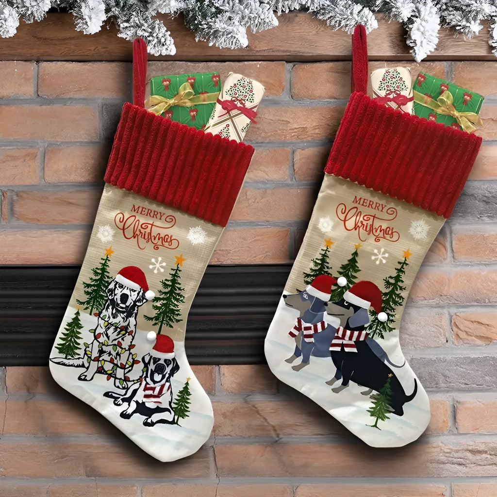 Cloth fabric Christmas stocking decoration with pendant charm measuring 46 by 28 centimetres