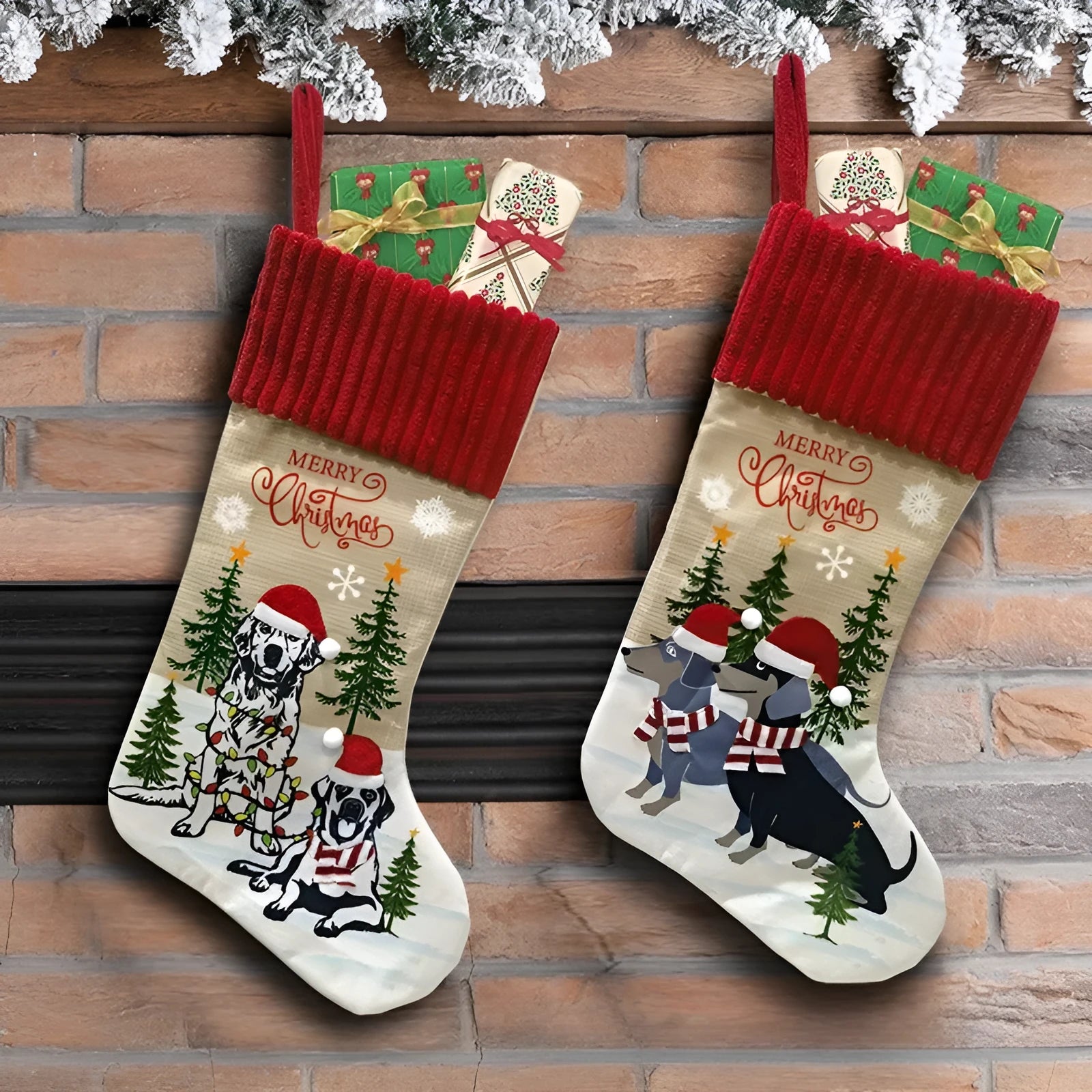 Cloth fabric Christmas stocking decoration with pendant charm measuring 46 by 28 centimetres