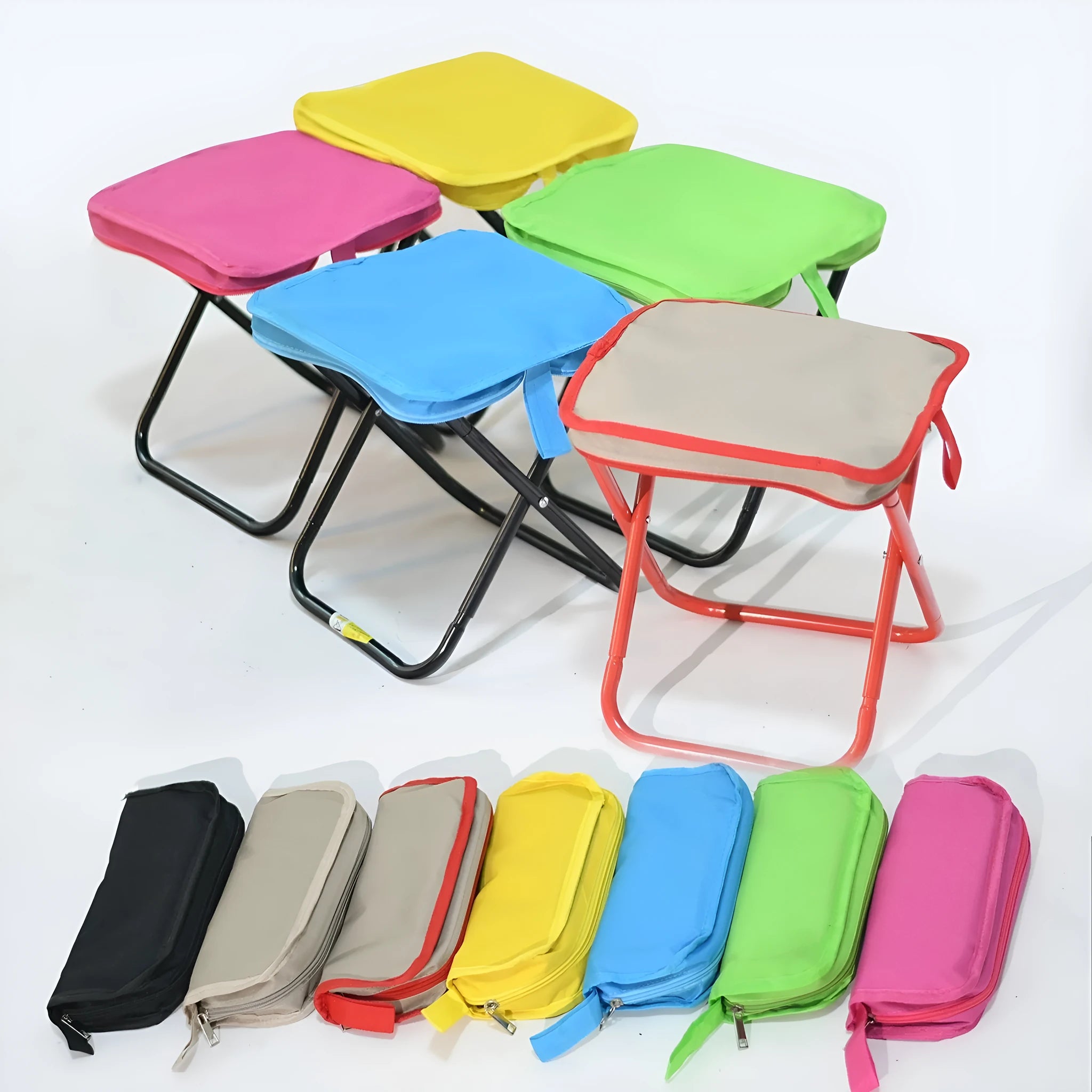 Compact foldable outdoor stool in khaki colour with oxford cloth seat, shown in folded and unfolded states.