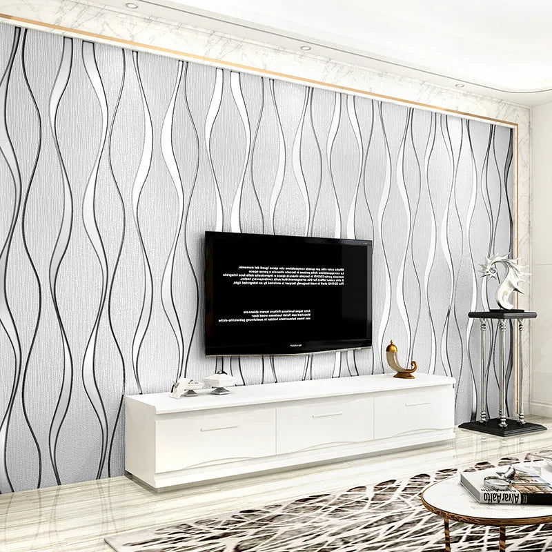 Curve stripe pattern 3D decorative wallpaper roll with velvet texture in light grey and dark brown colours.