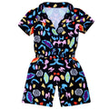 Girls' black short sleeve jumpsuit with cartoon pattern, cotton, sizes 120cm to 170cm
