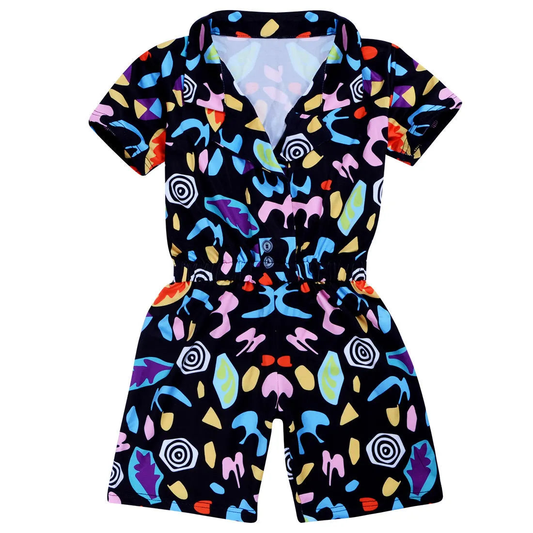 Girls' black short sleeve jumpsuit with cartoon pattern, cotton, sizes 120cm to 170cm