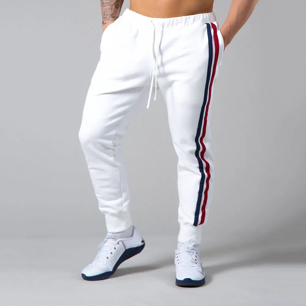 Cotton long pants for outdoor fitness in black, white, navy blue, with elasticity and moisture-wicking.