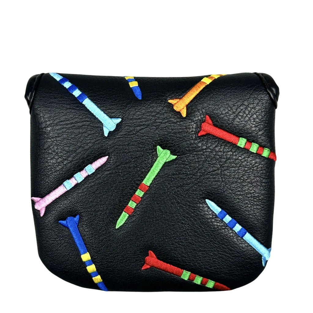 Black and white golf putter protective sleeve with rocket pattern design for square putter heads