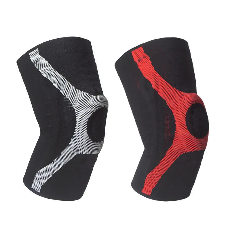 Knitted sports knee pads with silicone knee protection in red and grey colour options
