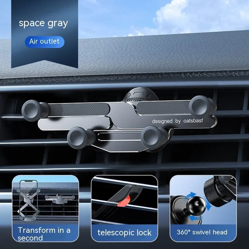 Aluminium alloy car phone holder mounted on vehicle air vent in black colour option