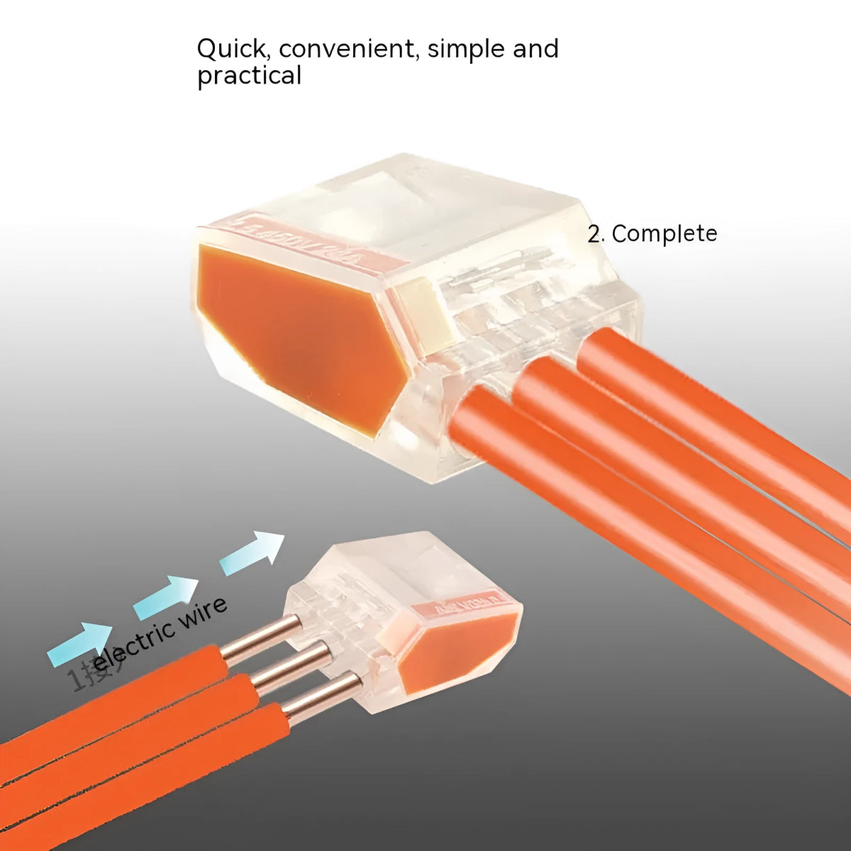 Household wire terminal connector kit with flame retardant PC housing, 24A 400V rating, and orange and green 253 terminals