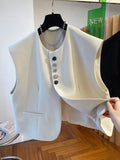 Beige loose-fitting waistcoat bandage dress with a pocket on a model.