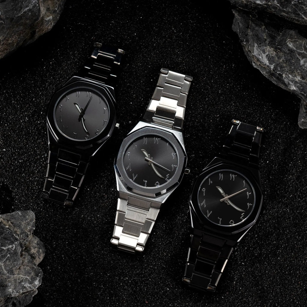 Men's business casual watch with stainless steel belt and black dial, 10mm thickness