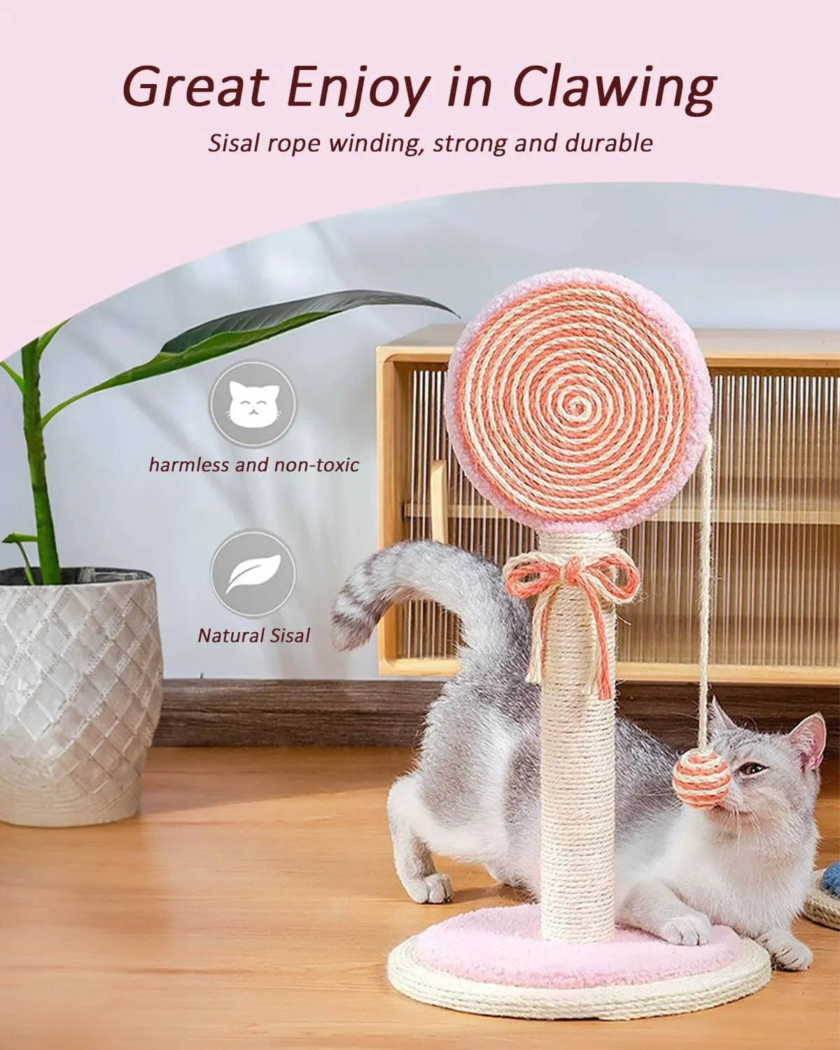 Blue cat scratching post with natural sisal rope and a hanging ball on a sturdy wooden base