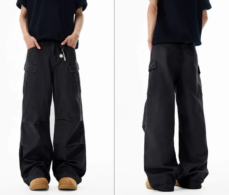 Men's wide-leg overalls in 100% cotton, loose straight mid waist multi-pocket design with zip fly, Black Blue Khaki