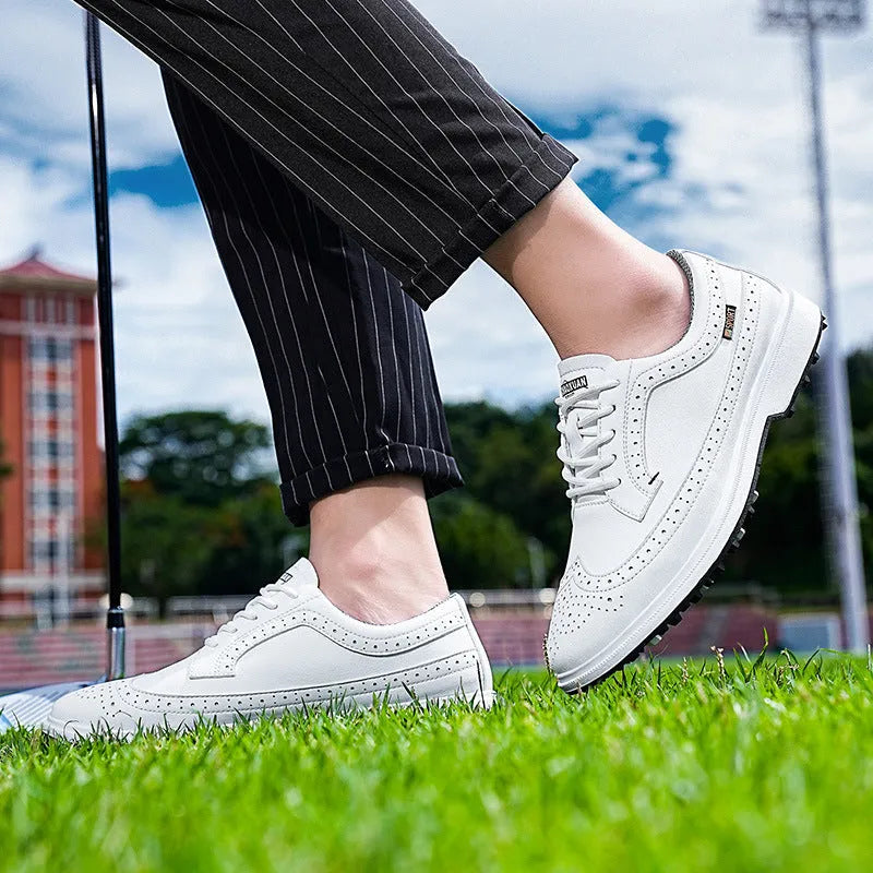 Men's lightweight golf shoe in Lake Blue or White with genuine leather upper and non-slip rubber outsole, sizes 39-47