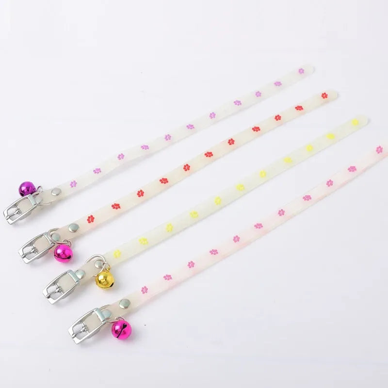 Luminous cat collar with adjustable silicone chain showing fishbone pattern design and metal bell