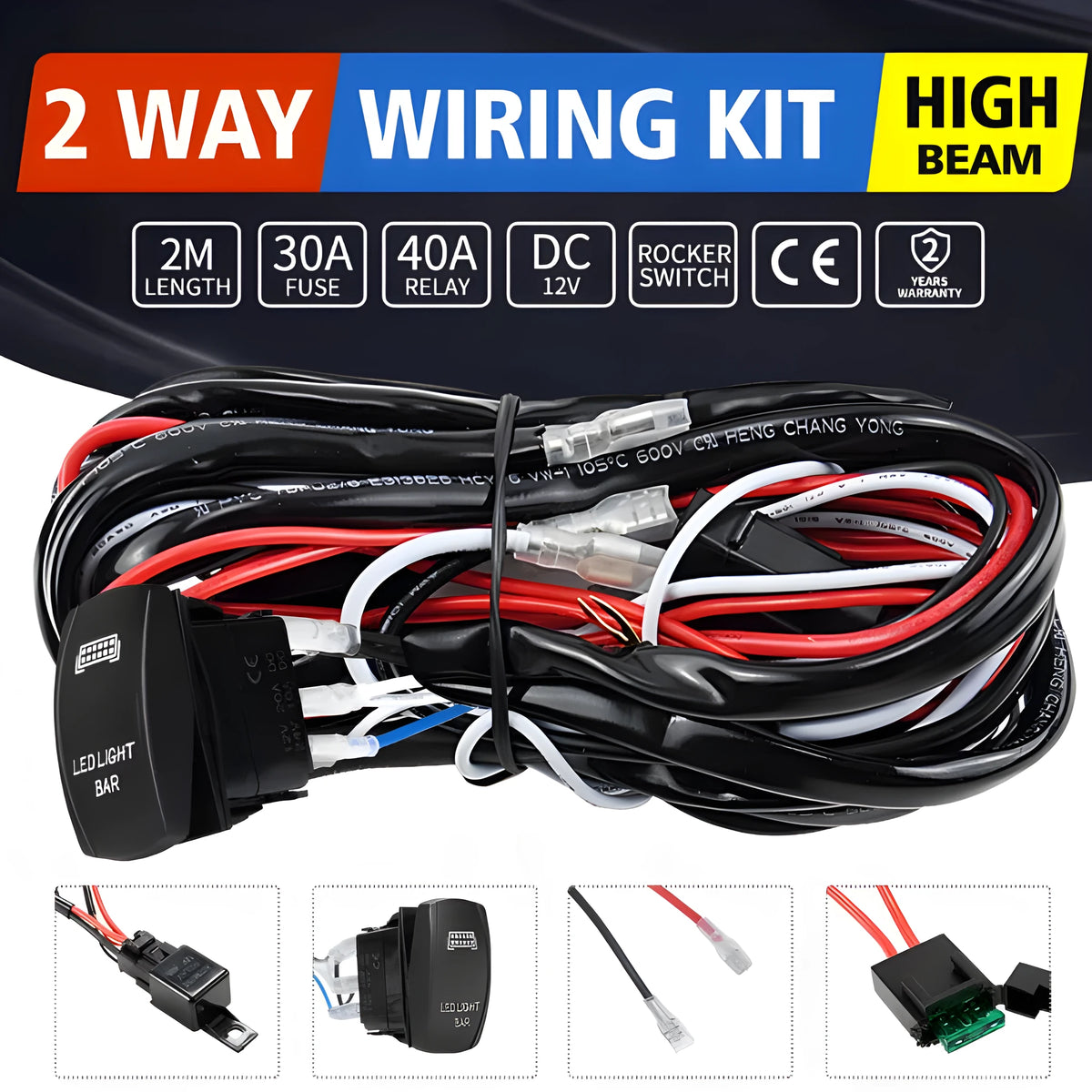 Black off road LED spotlight cable set with 2 metre wiring harness and integrated switch