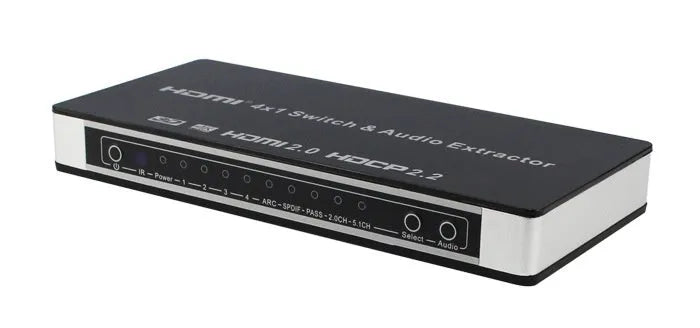 Black HDMI audio switch with 4 input ports and 1 output port, remote control and power adapter