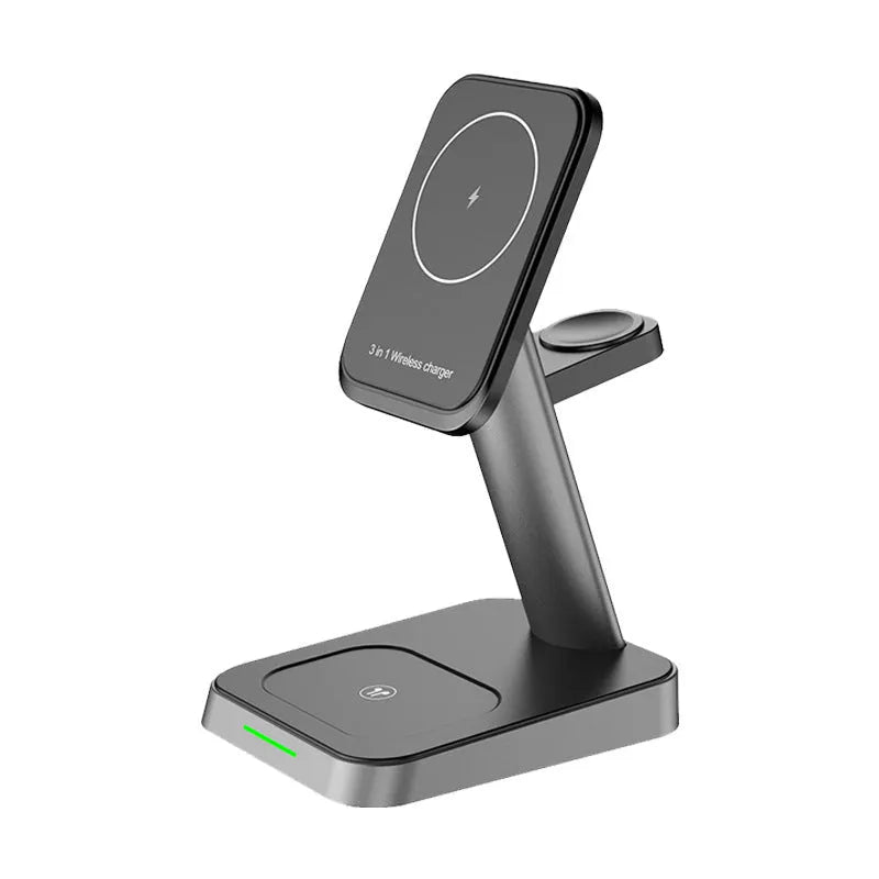 Black wireless charging station with vertical phone holder and integrated battery