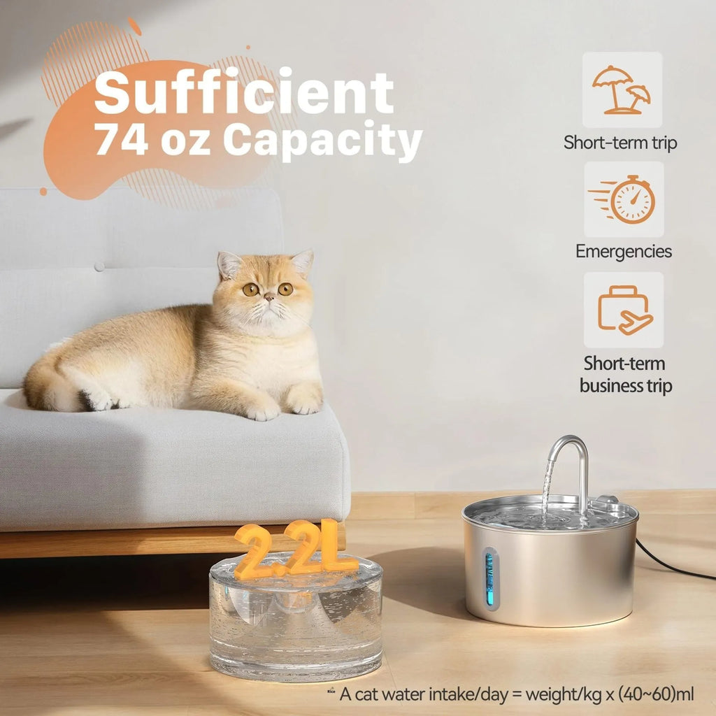 Stainless steel automatic cat water dispenser with 2.2-litre capacity on a floor
