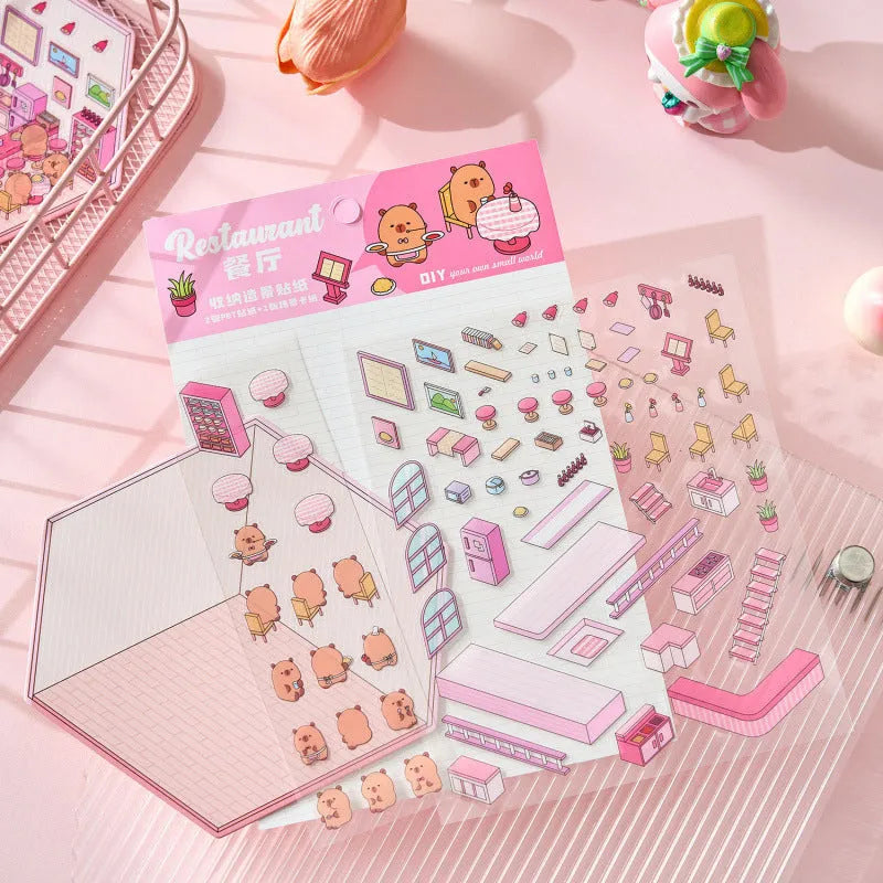 Capabala cartoon landscape 3D sticker sheet showing pre-cut self-adhesive shop scenes.